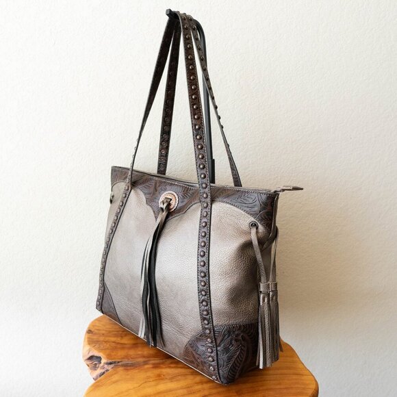 American West Bandana Tote Bronze Tooled Leather Tassels Studded Western - Picture 5 of 11